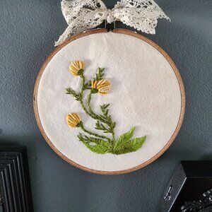 Embroidered Hoop Art, Dandelions on Muslin, 6" Stained Brown Wooden Frame, OOAK